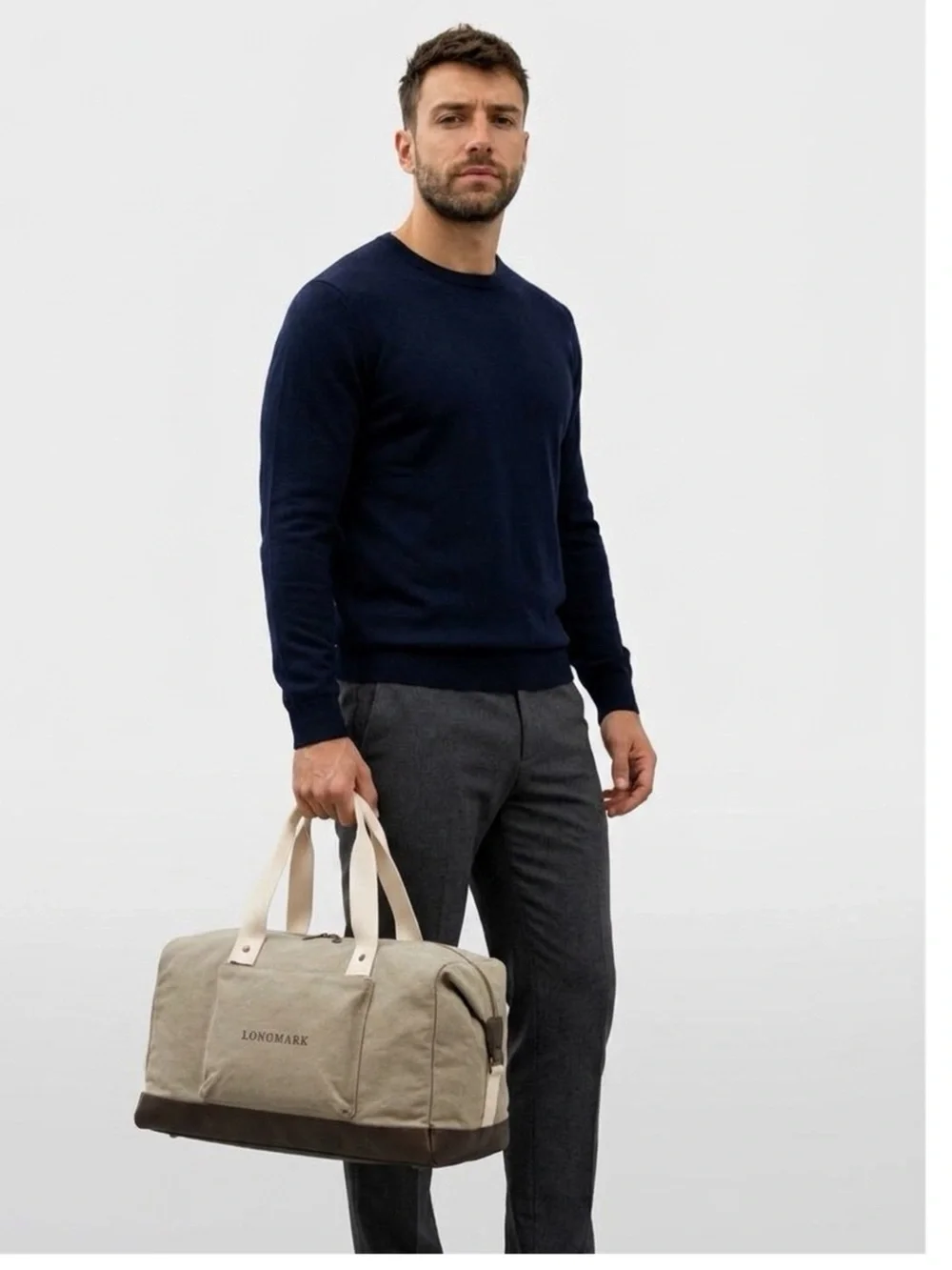 Gray Canvas Duffel Bag with Cream Handles
